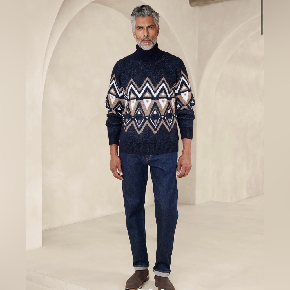 BANANA REPUBLIC, men’s XXL, turtleneck, heavy Fair-Isle sweater, navy